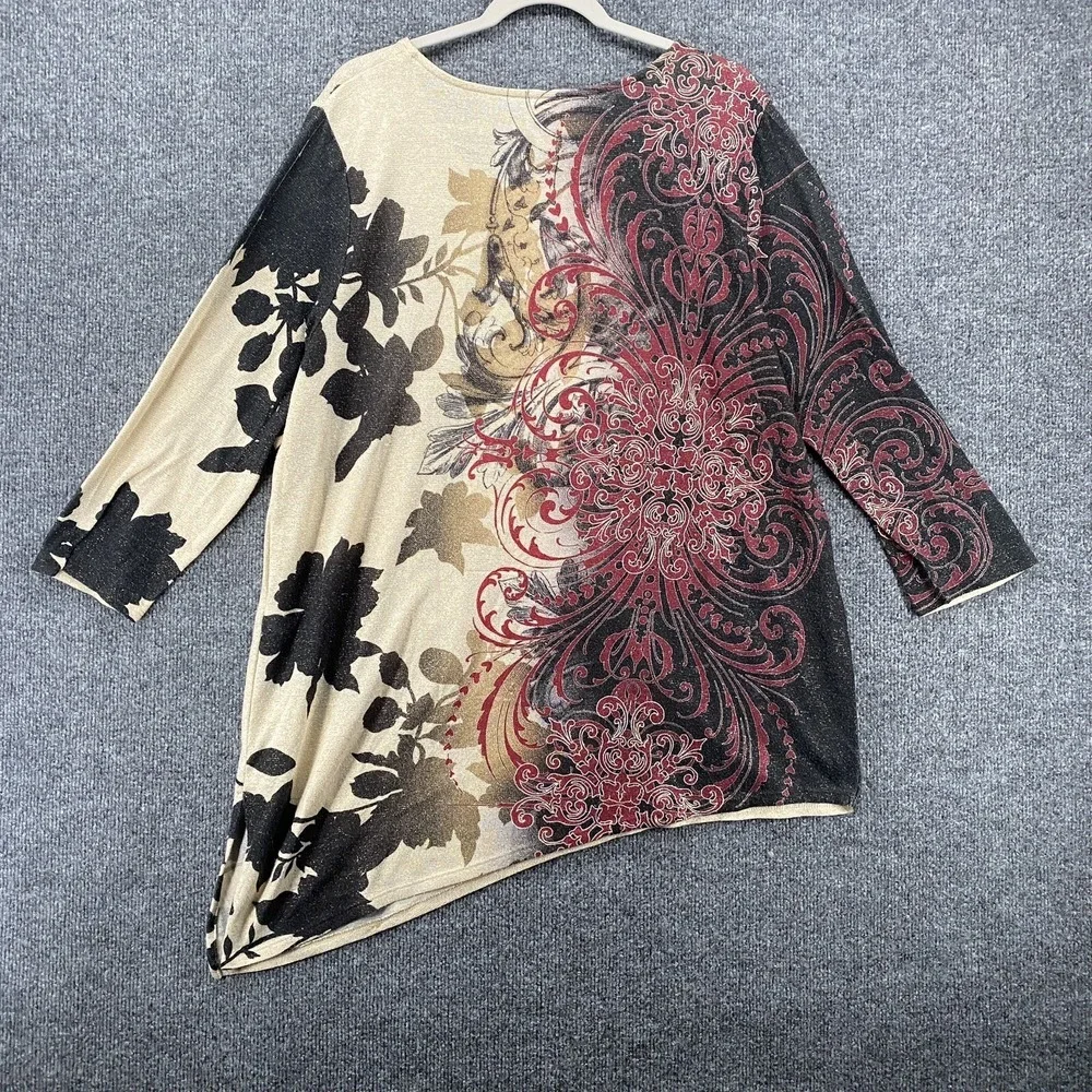 Chicos Sweater Womens XL Floral Watercolor Asymmetrical Artsy Abstract Casual